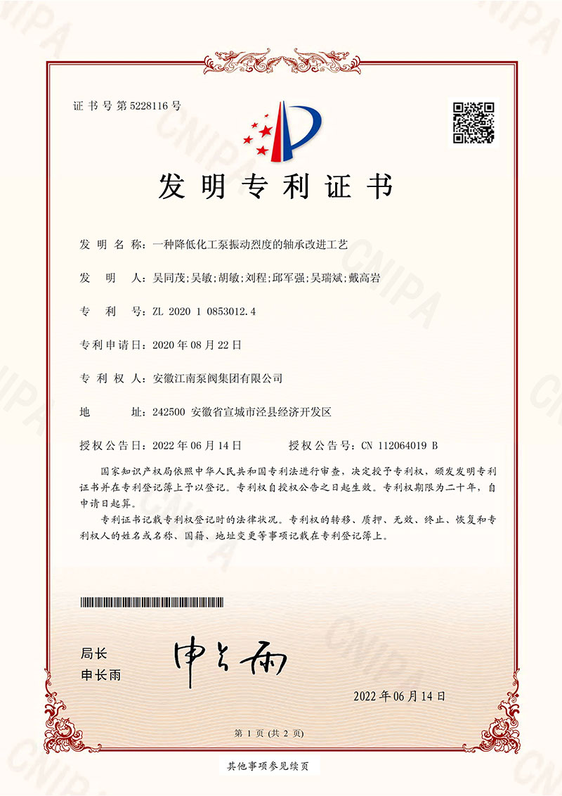 發(fā)明專利一種降低化工泵振動烈度的軸承改進(jìn)工藝2022